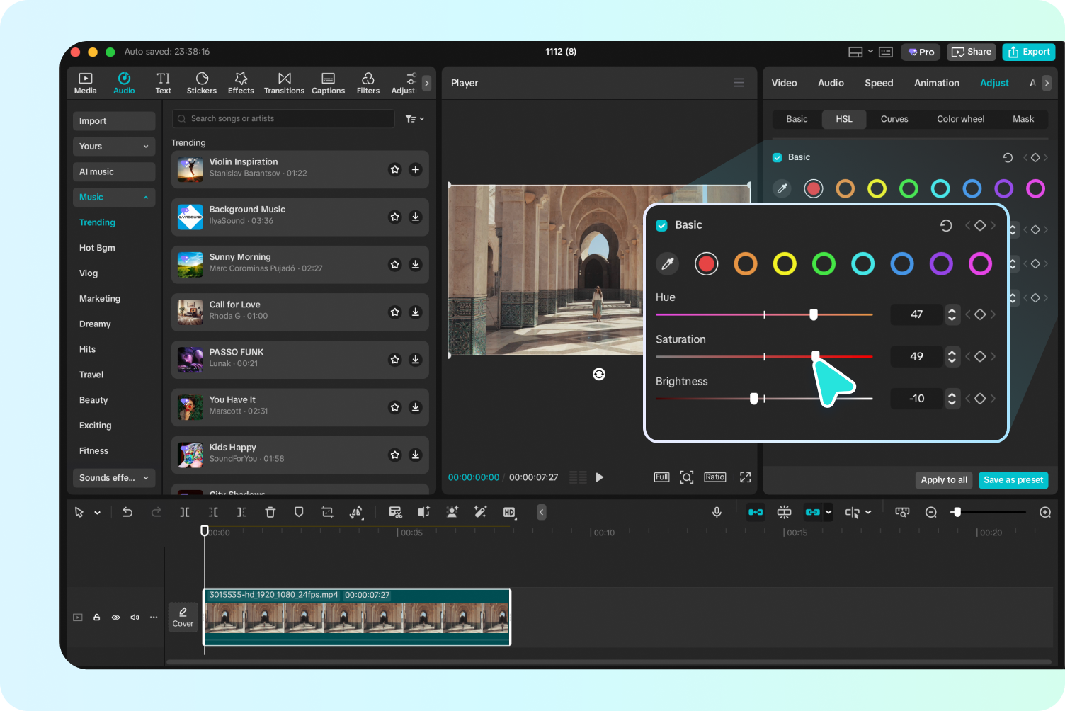 Applying HSL color adjustments in CapCut for professional video color grading.