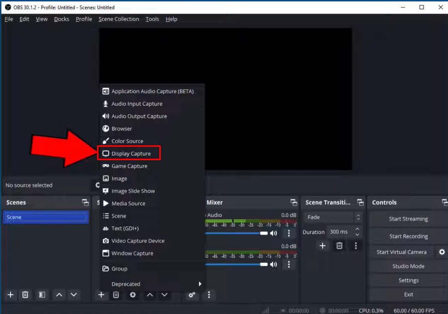 Adding display capture in OBS recording studio