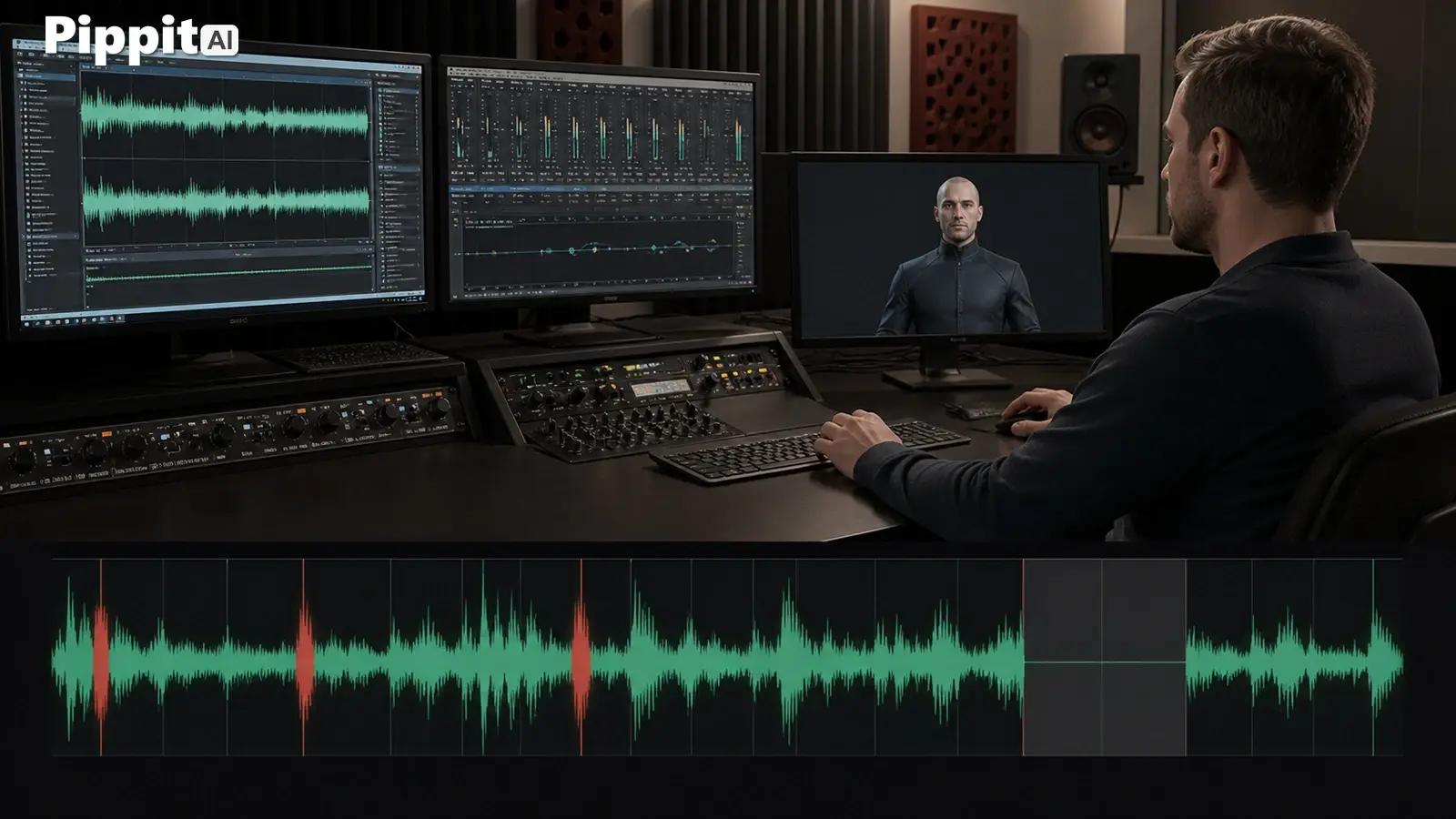 Audio editing studio with waveform monitors and an AI avatar on screen