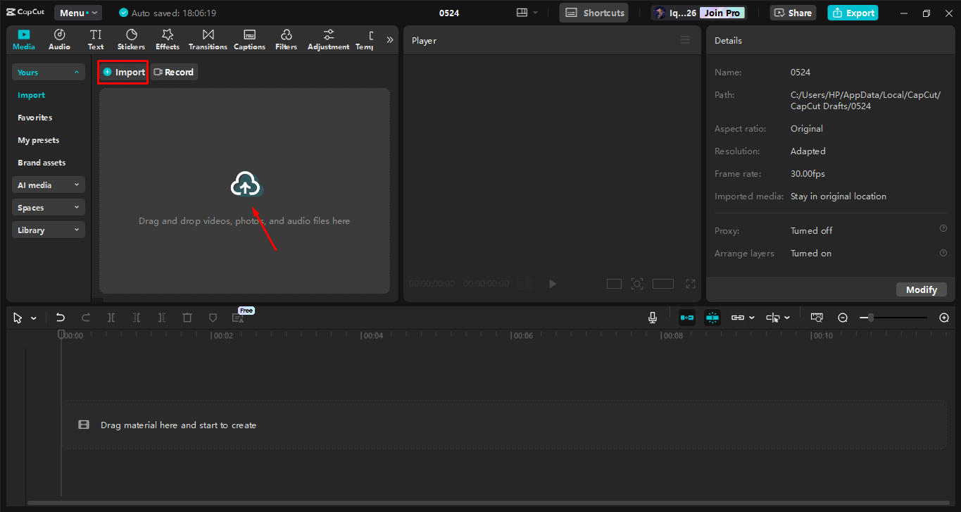 Uploading an image to the CapCut desktop video editor