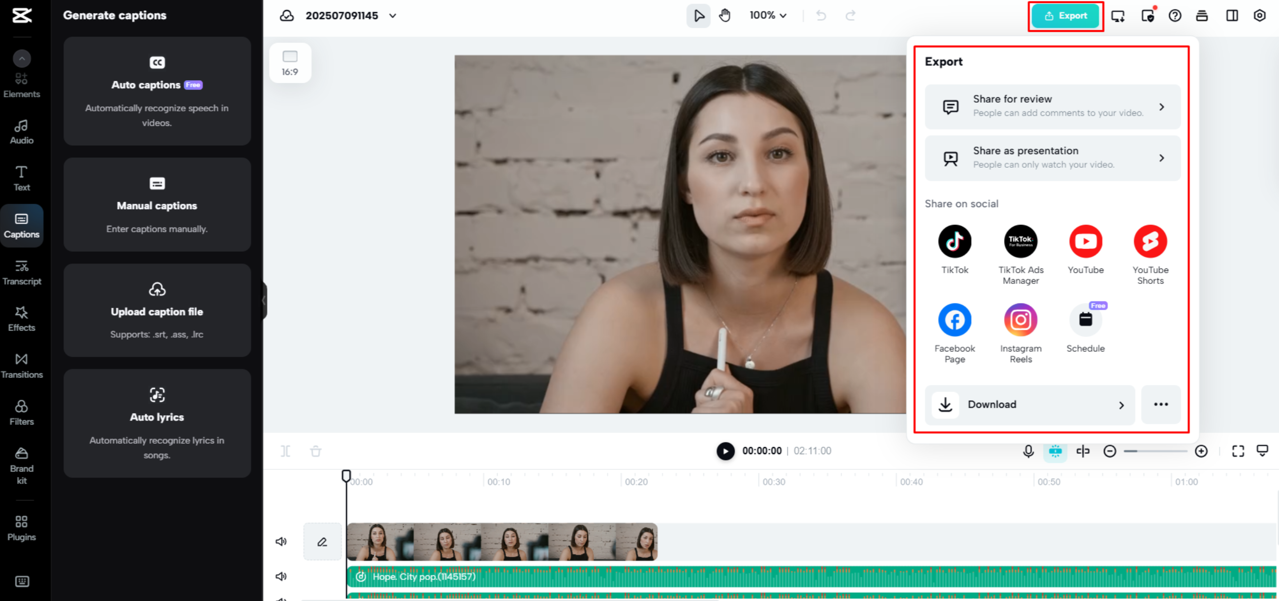 Exporting a video from CapCut Web