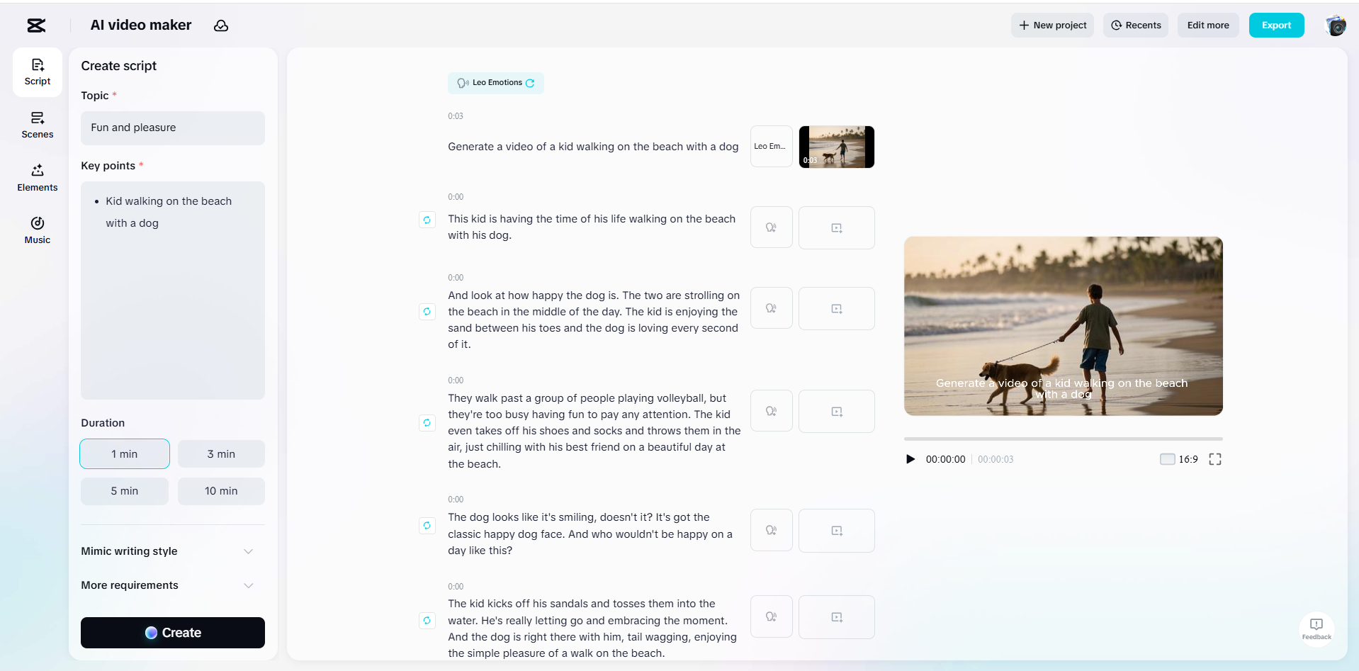Generating a script in CapCut's AI video maker
