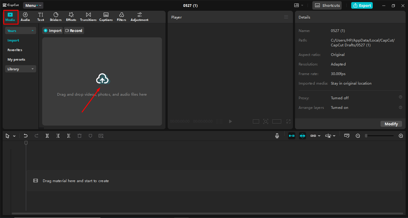 Uploading an image to the CapCut desktop video editor