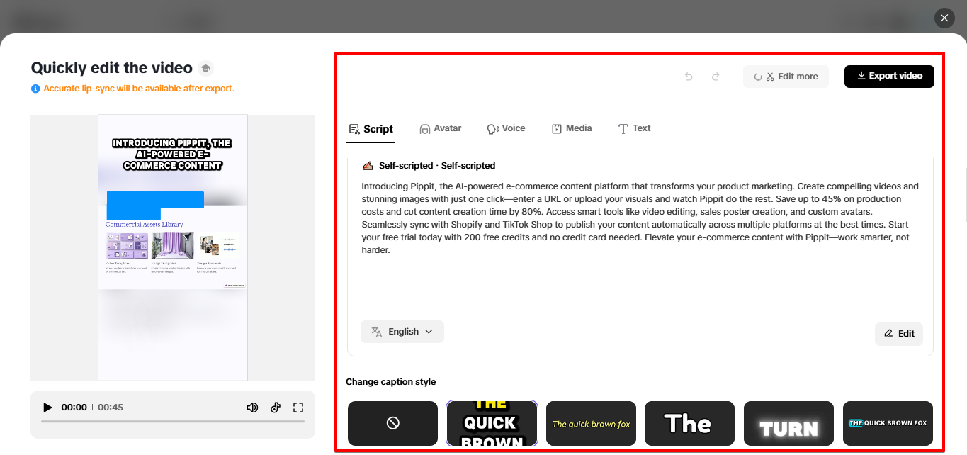 exporting TikTok video from Pippit