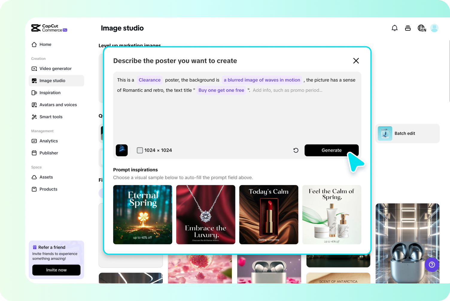 description=Pippit's Image Studio interface showing a sales poster being created for a translated video, with text overlays in Spanish.