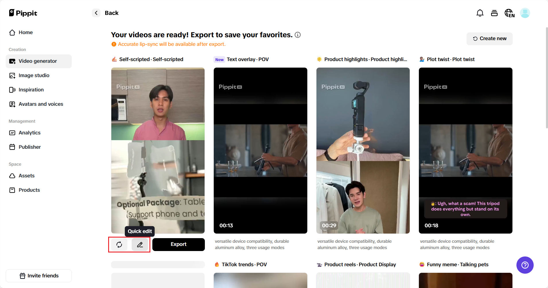 Editing UGC video in Pippit