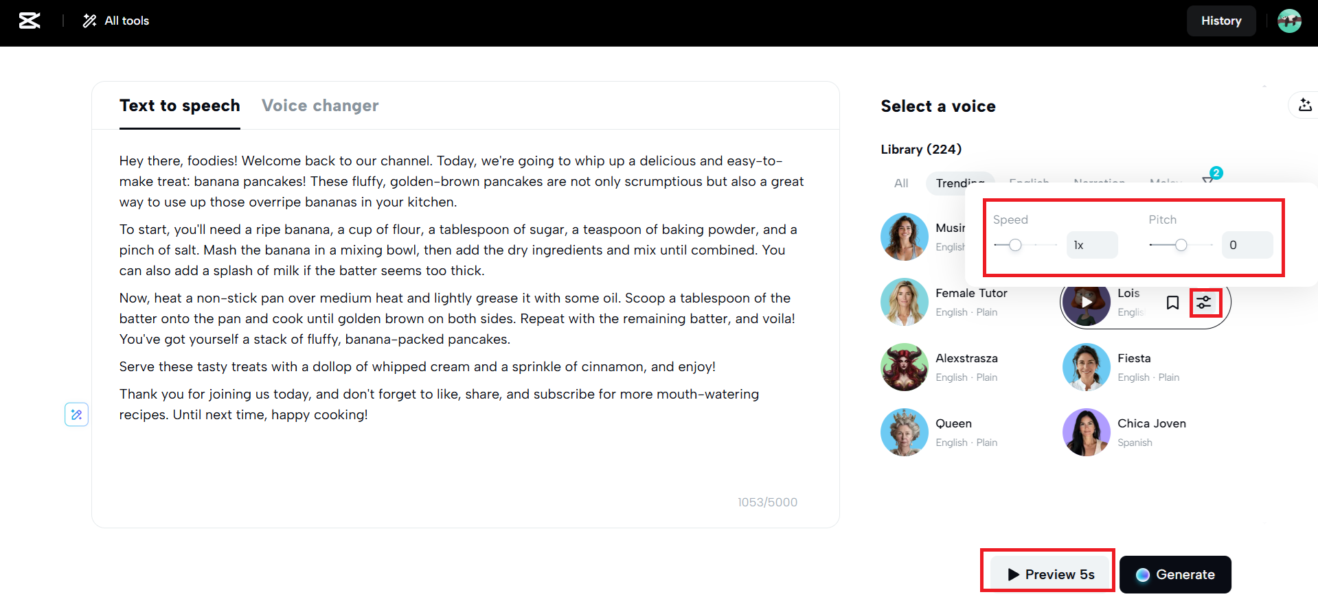 Adjust the speed and pitch and click preview
