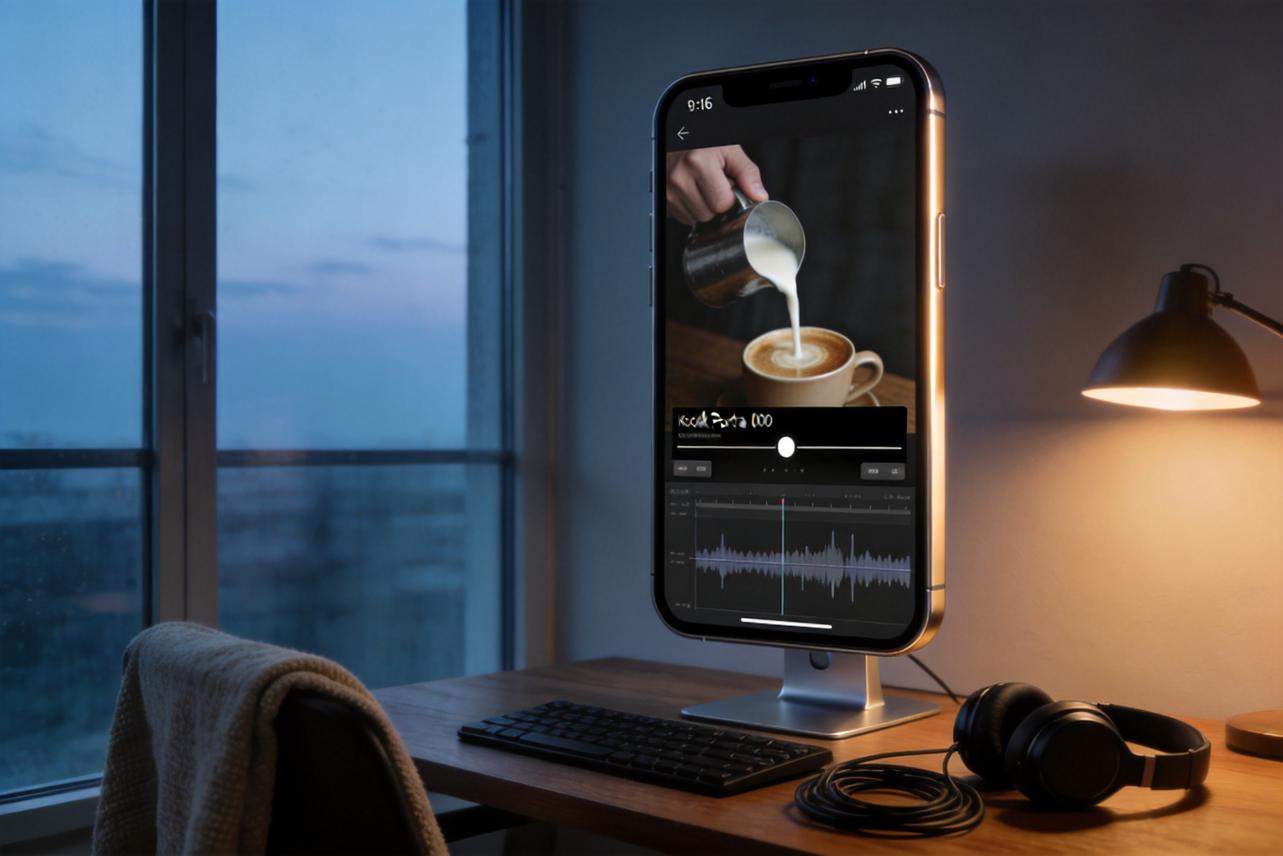 Phone on a desk showing a coffee-pouring video editing interface with waveform and timeline