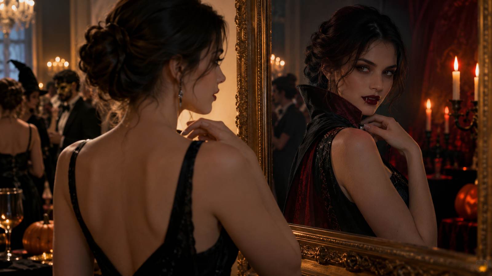 Vampire transformation keyframe: Split moment keyframe of fictional adult turning from ordinary party guest into subtle vampire styling, coherent same person