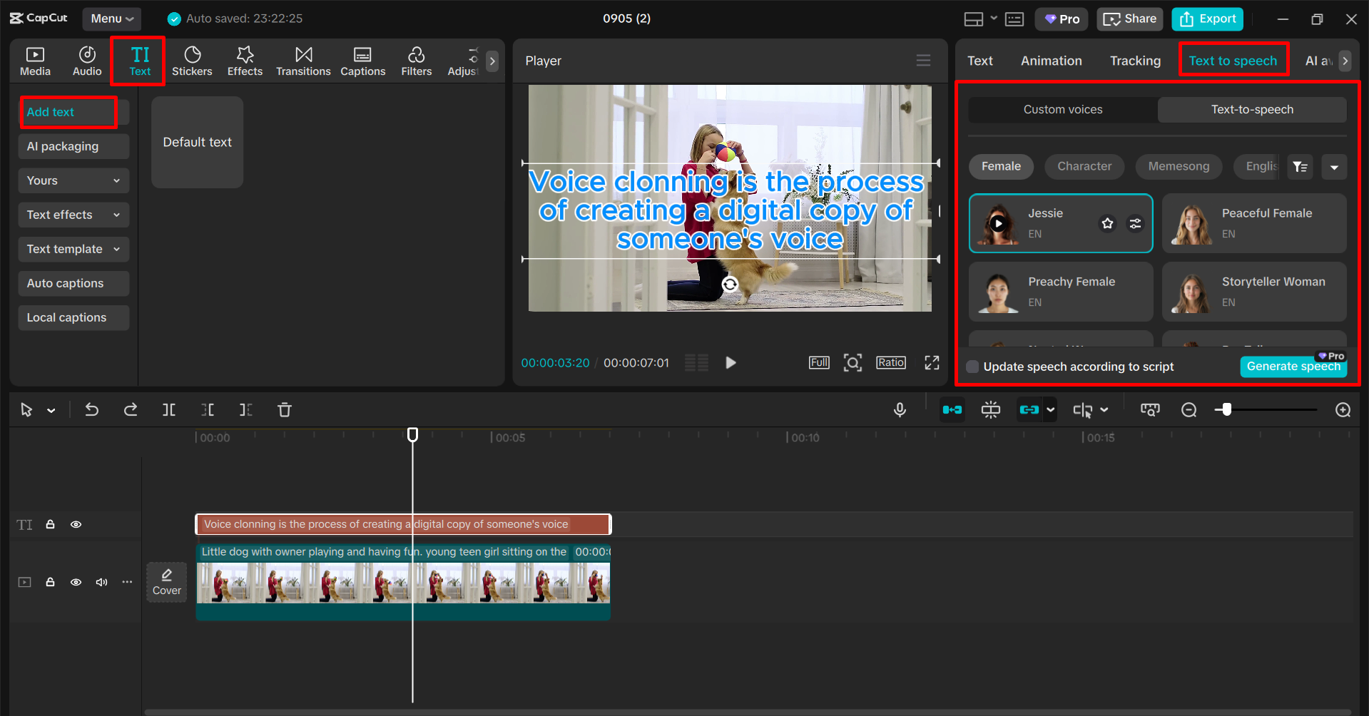 Převod textu na řeč v editoru CapCut pro stolní video