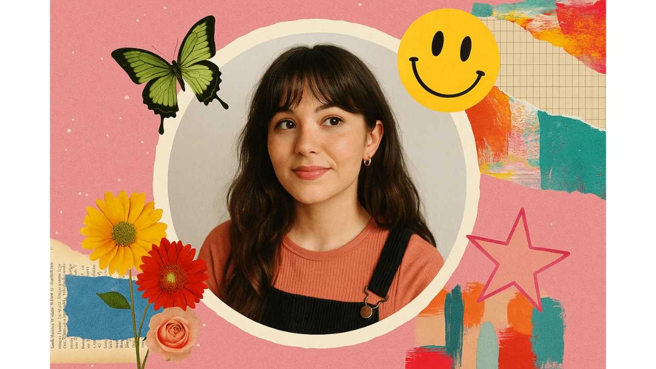 Bold collage of images and stickers