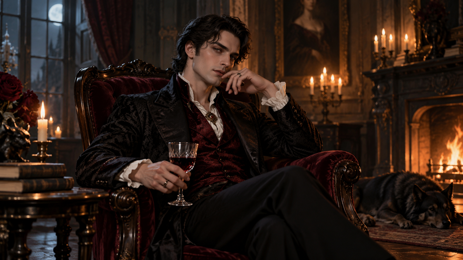 Vampire manor portrait: Fictional adult with restrained vampire styling in candlelit manor, natural face and elegant clothes, editorial photo