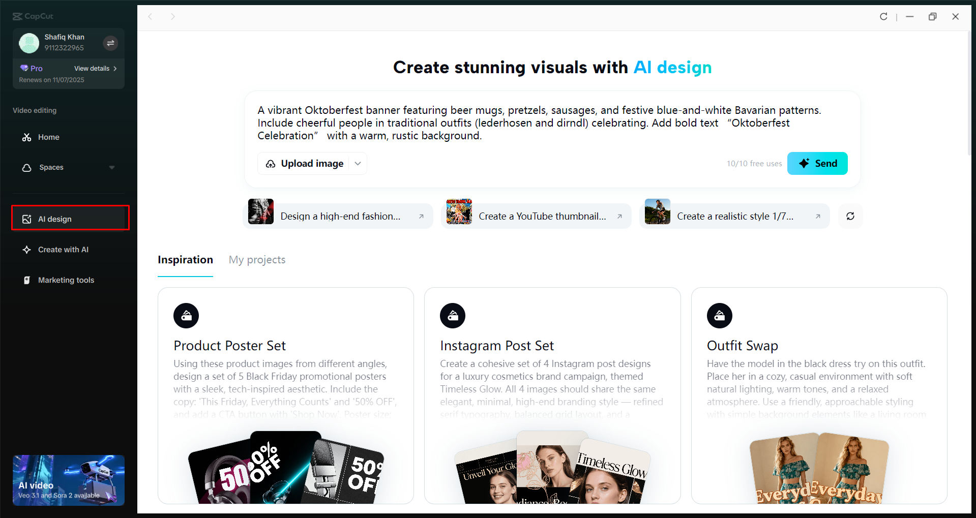 Accessing the AI Design tool in the CapCut desktop video editor