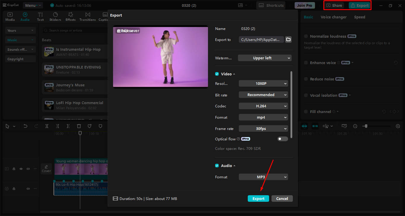 Exporting a video from the CapCut desktop video editor