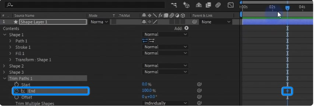 Screenshot showing the keyframes for Start and End properties in the timeline