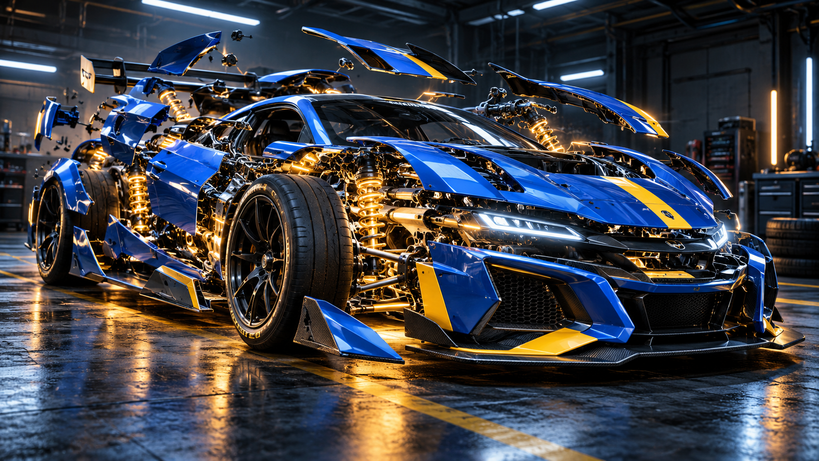 24 car transformation AI video: Blue Race Car in a Dark Garage Transforming