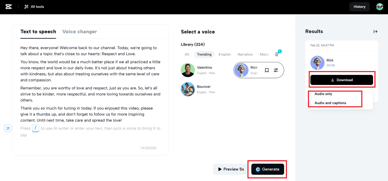 Generierung und Download-Option