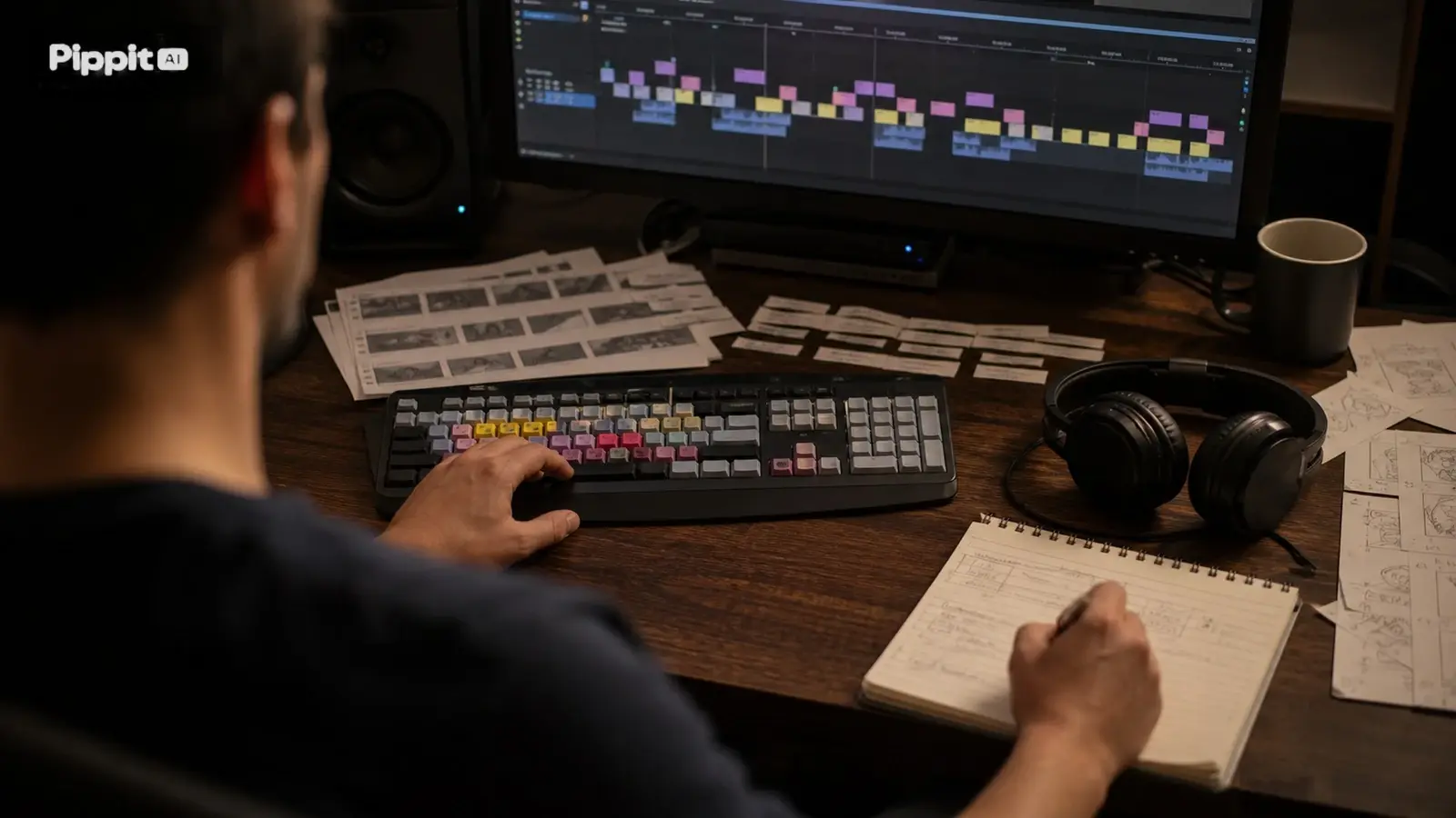 Éditeur à son bureau avec des pages de storyboard, une chronologie sur le moniteur, un casque audio et un carnet.