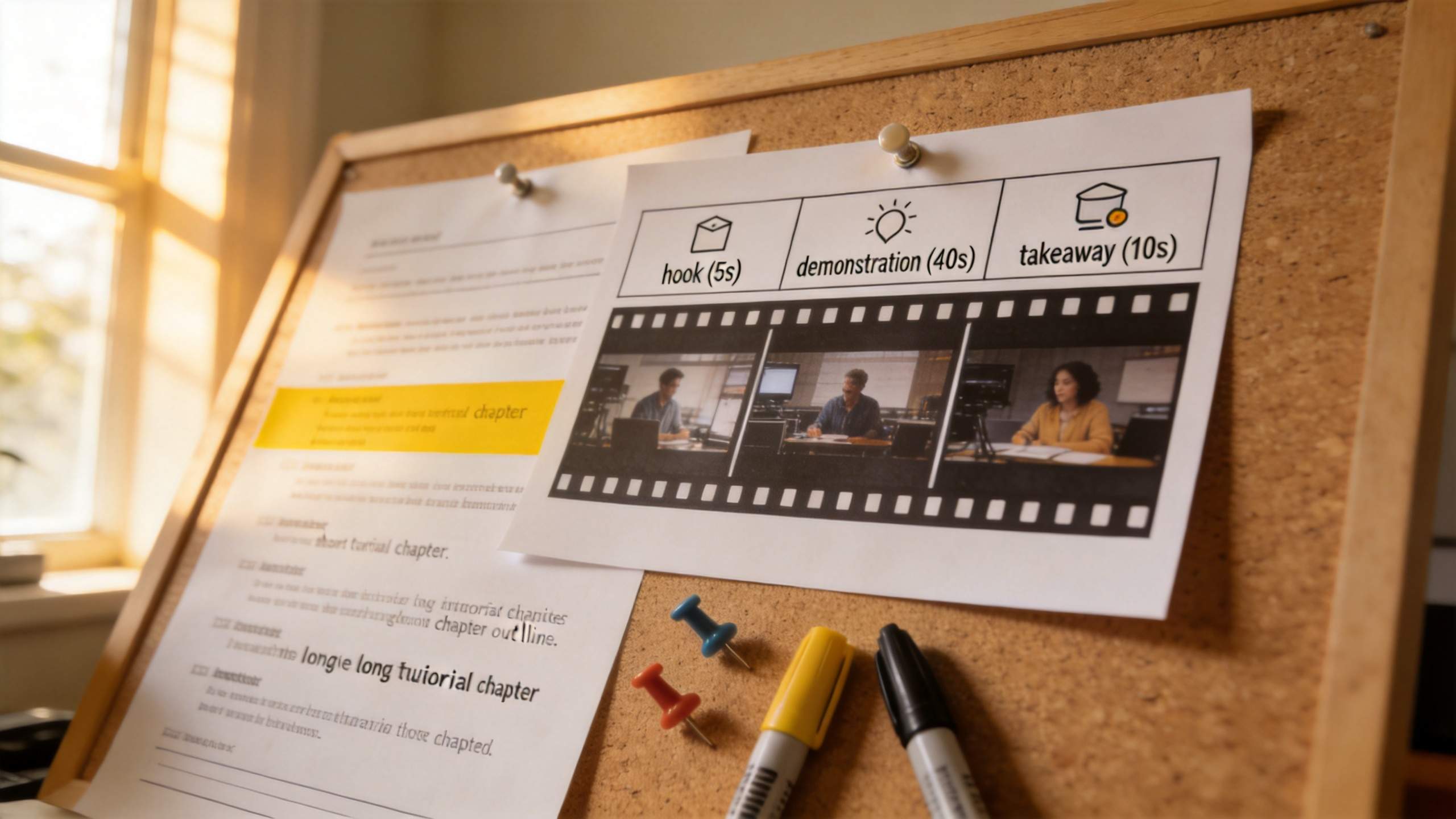 Corkboard with a filmstrip storyboard labeled hook, demonstration, and takeaway