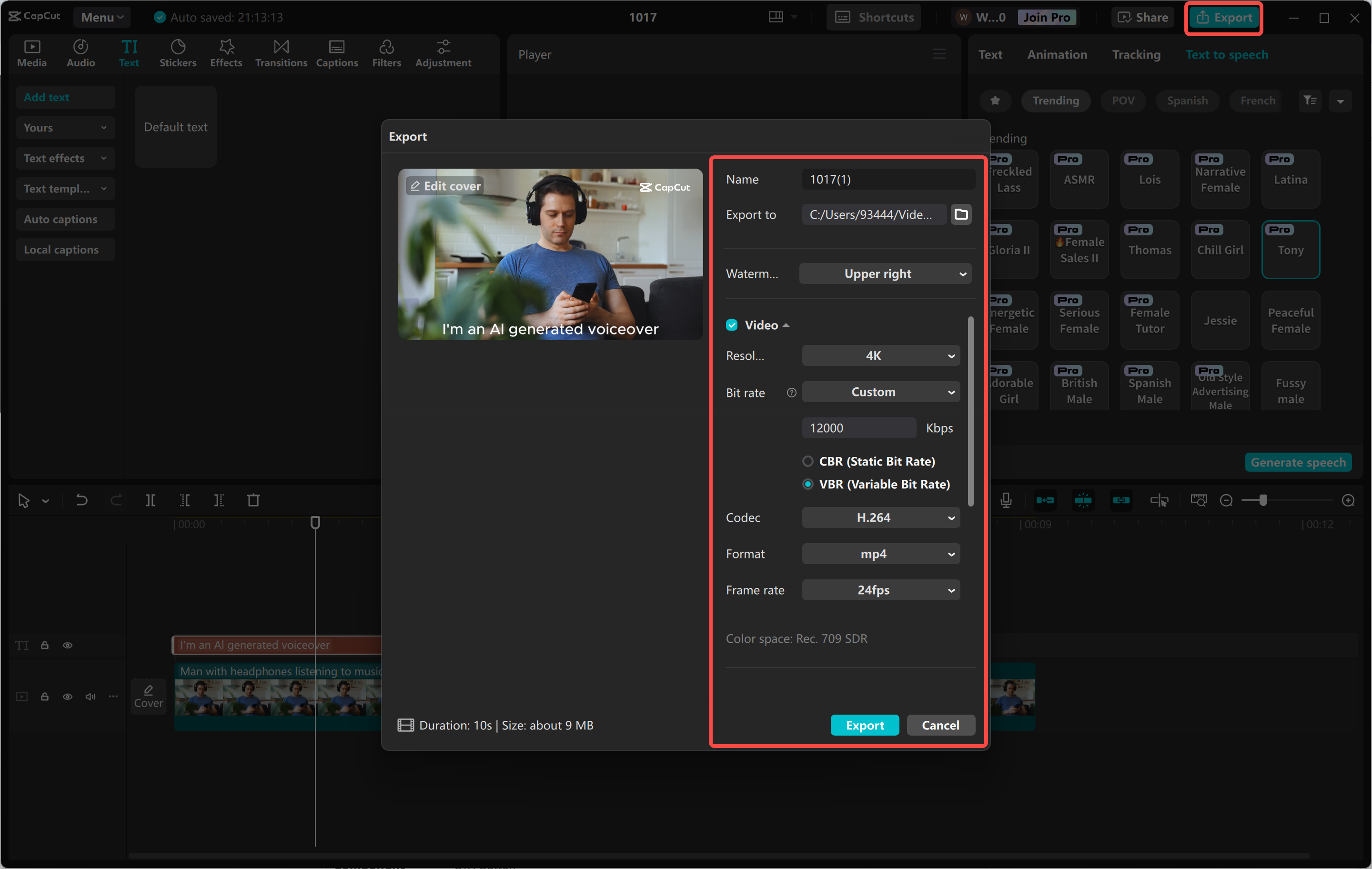 ส่งออกวิดีโอหลังจากเพิ่มเสียง AI จากโปรแกรมแก้ไขวิดีโอเดสก์ท็อปCapCut