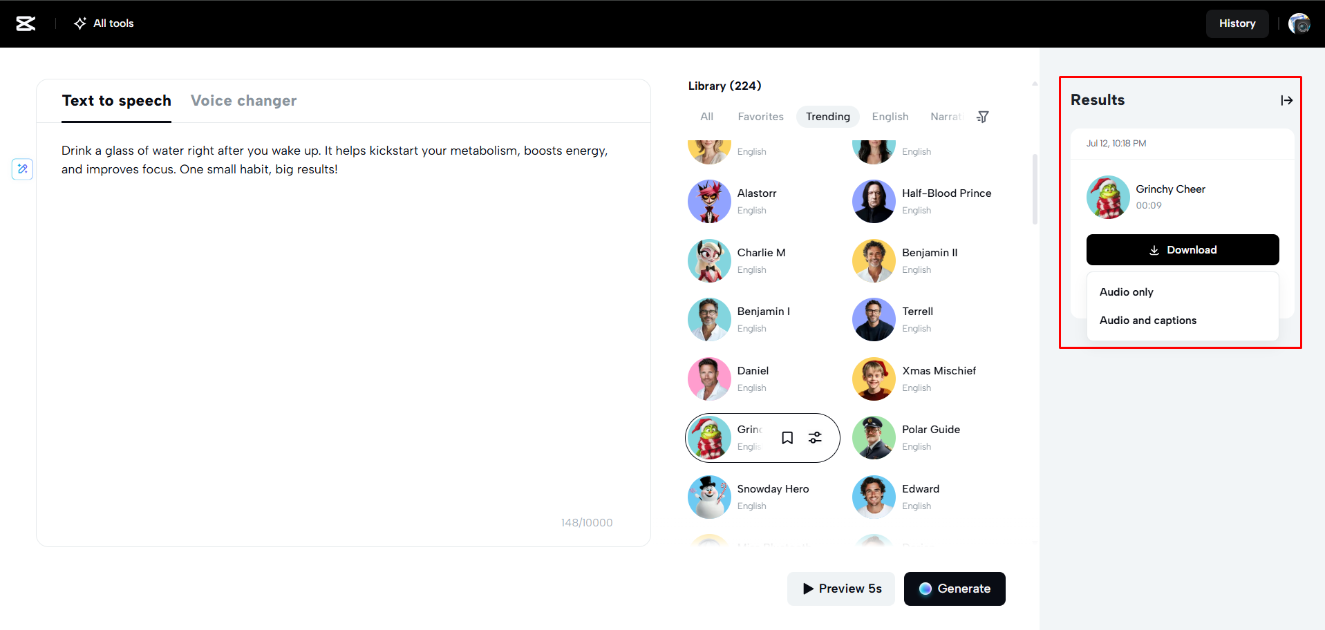 Baixando o áudio gerado por IA do CapCut Web
