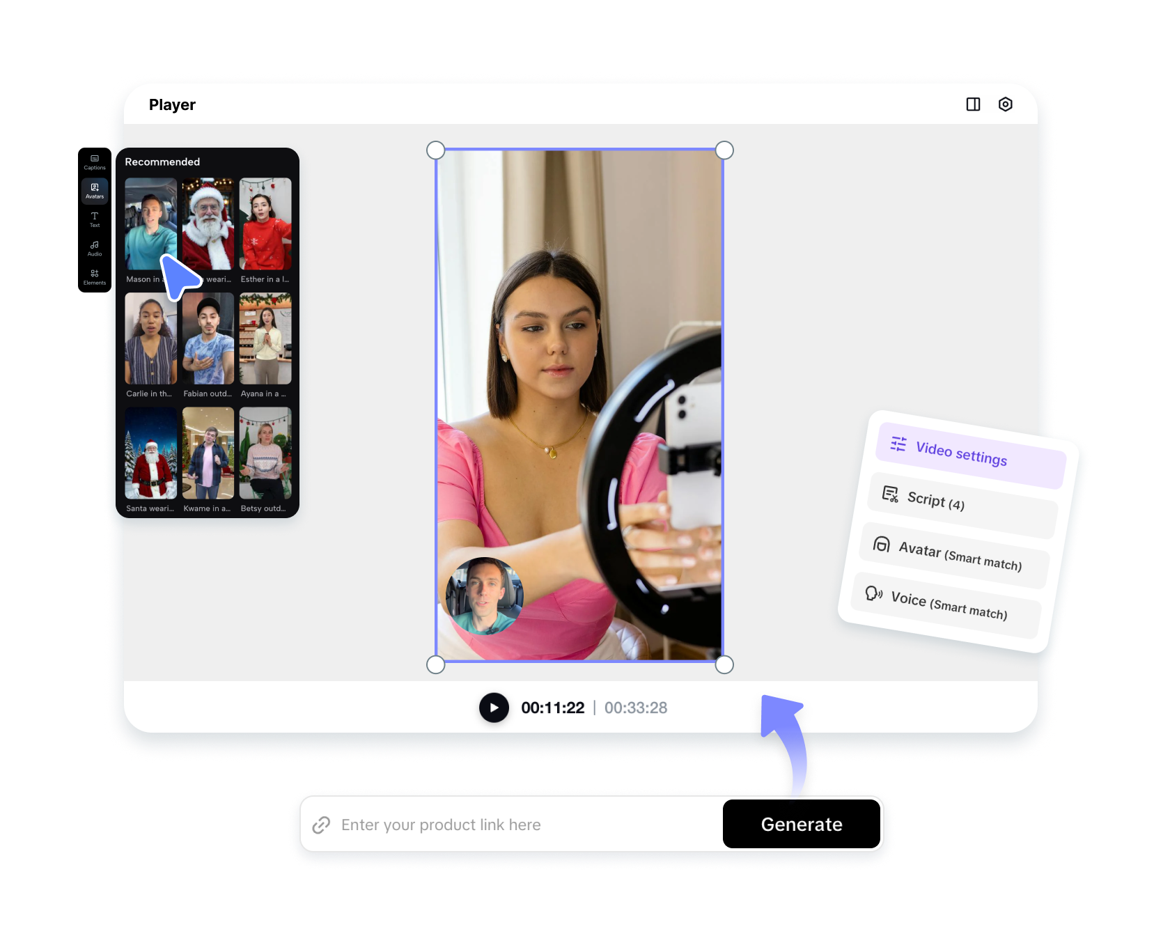 Pippit's Smart Creation interface showing daily content suggestions for a health brand, with an example video about healthy snacks