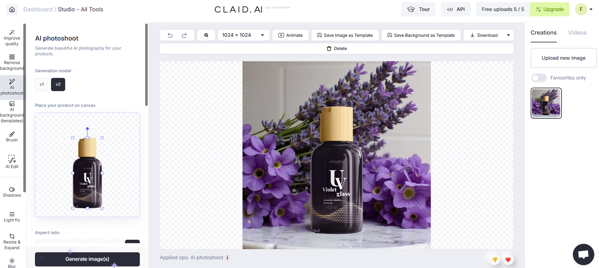 Interface du générateur Claid.ai