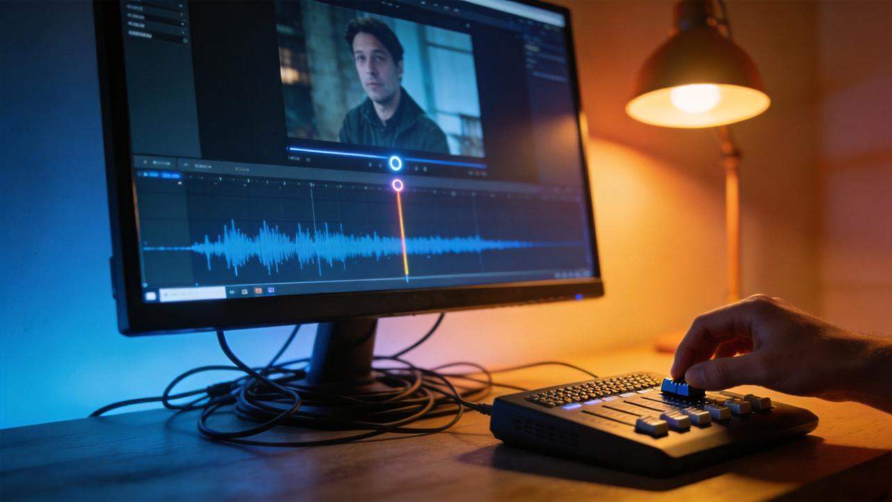 Video editor timeline with a waveform on a monitor as a hand adjusts controls on a desk panel