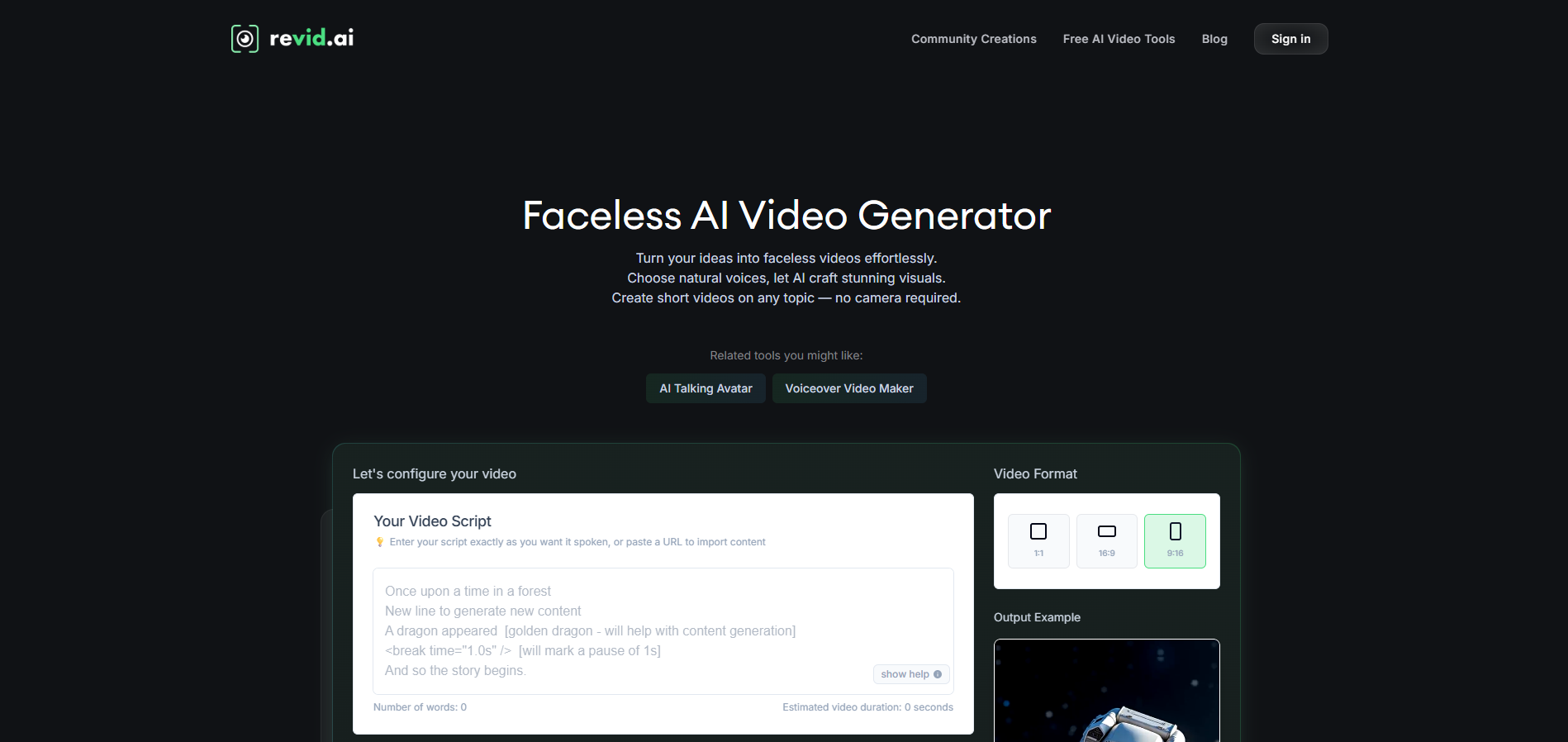Schnittstelle von Revid - ein wertvoller gesichtsloser Videogenerator
