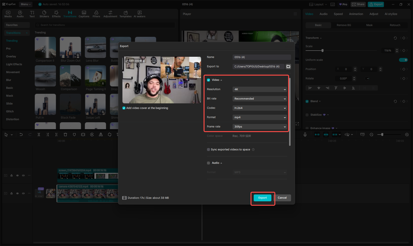 Exporting the reaction video in CapCut