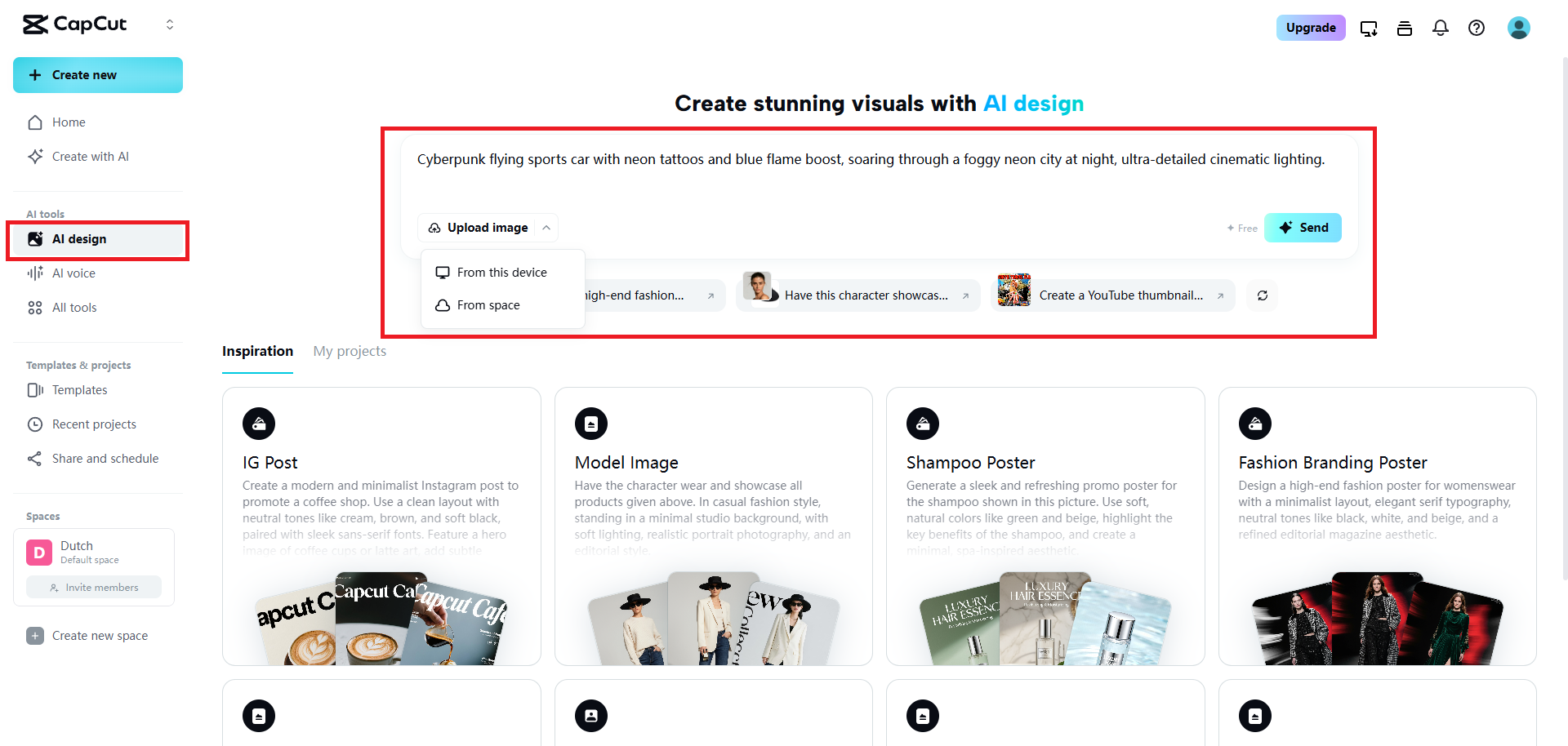 Input prompt or upload image and generate design