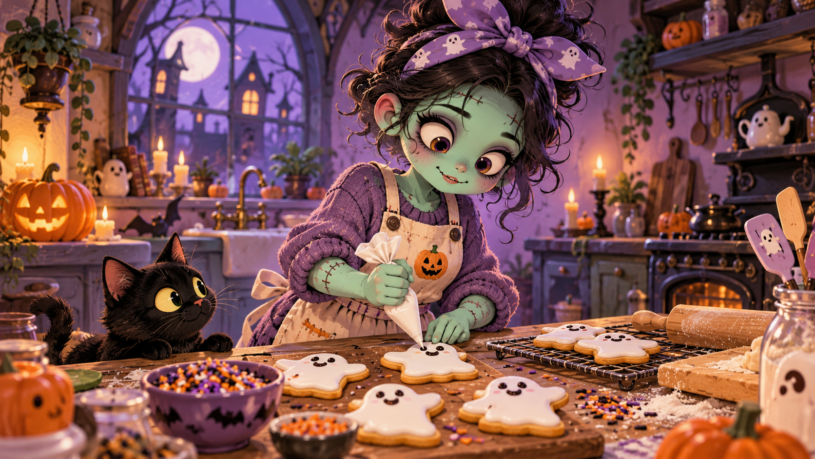 cute zombie prompts: Adorable Zombie Baker Decorating Ghost-shaped Cookies in a