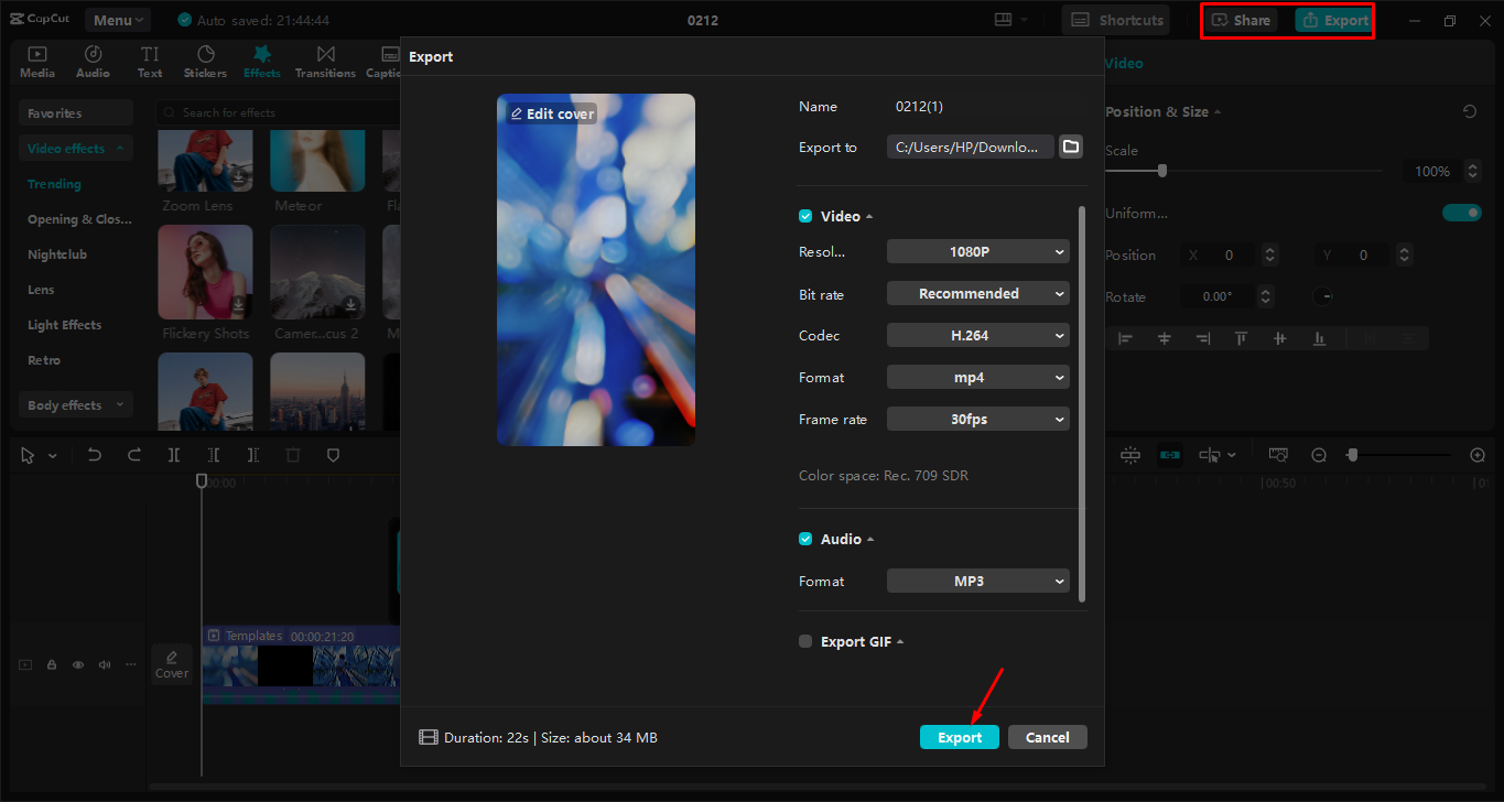 Exporting reel after editing in the CapCut desktop video editor