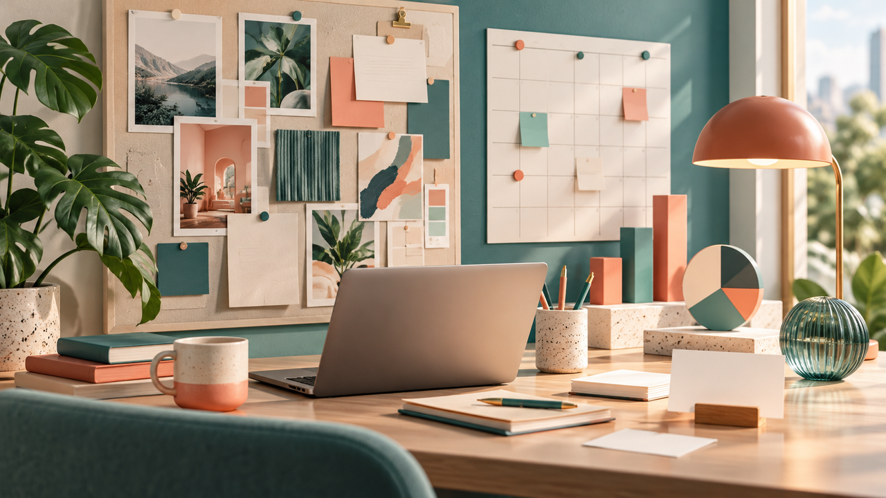 Image boards, message cards and a blank calendar in a studio