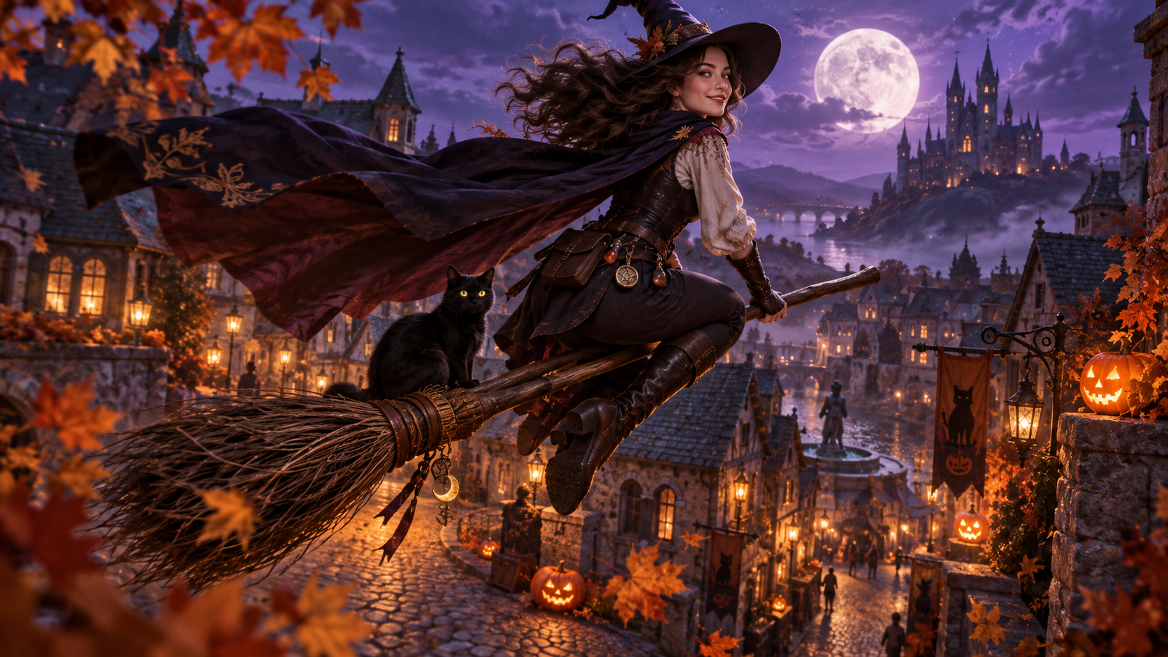 witch broomstick video: Moonlit Old-Town Flight