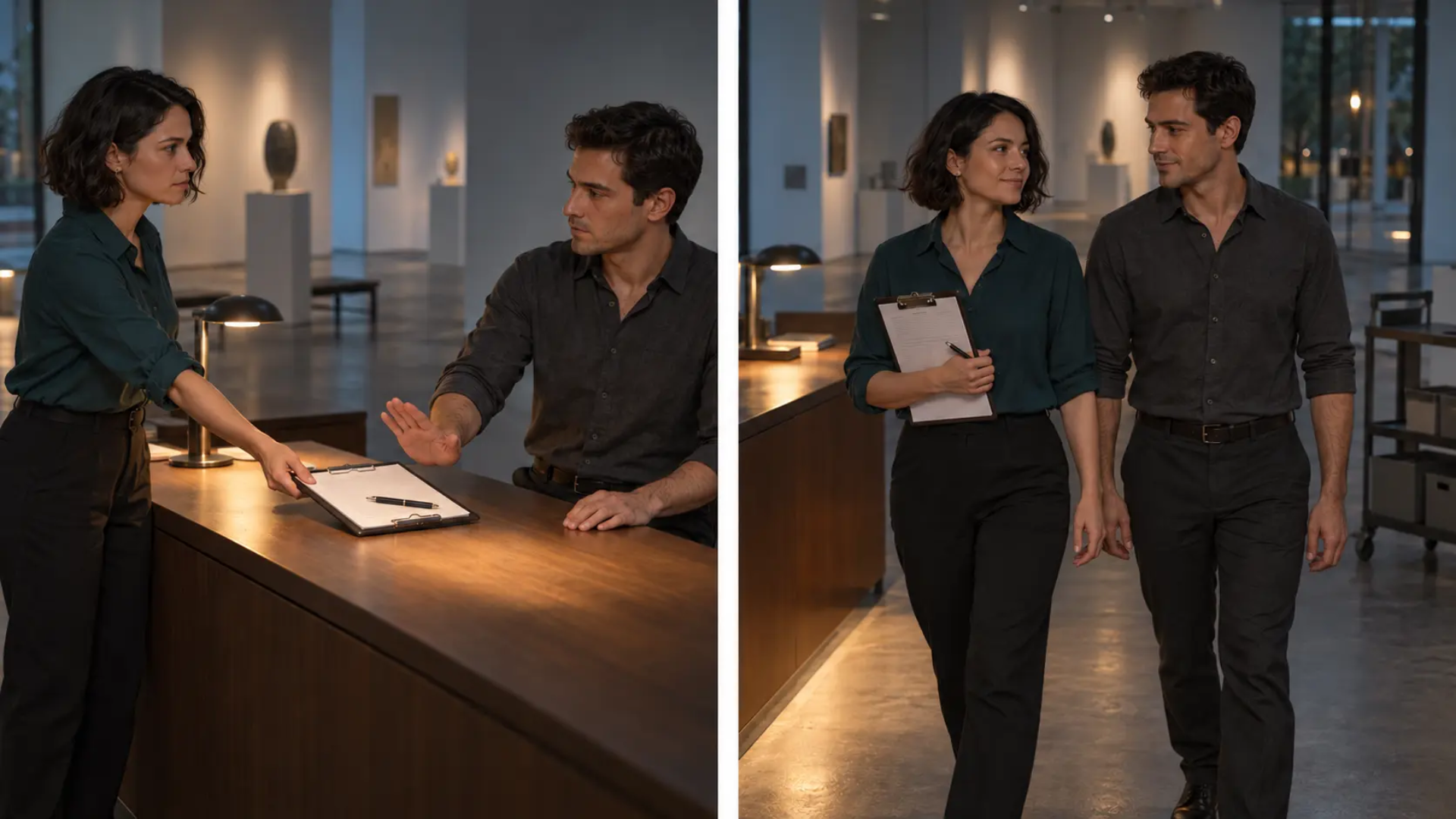 Original gallery scene illustration showing Mara offering a clipboard and Ivo refusing on the left then the two adults moving away together on the right