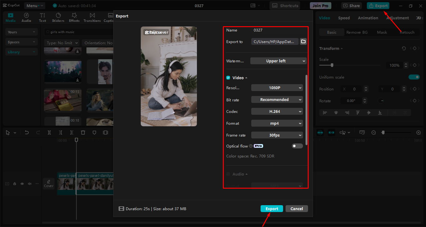 Exporting video from the CapCut desktop video editor