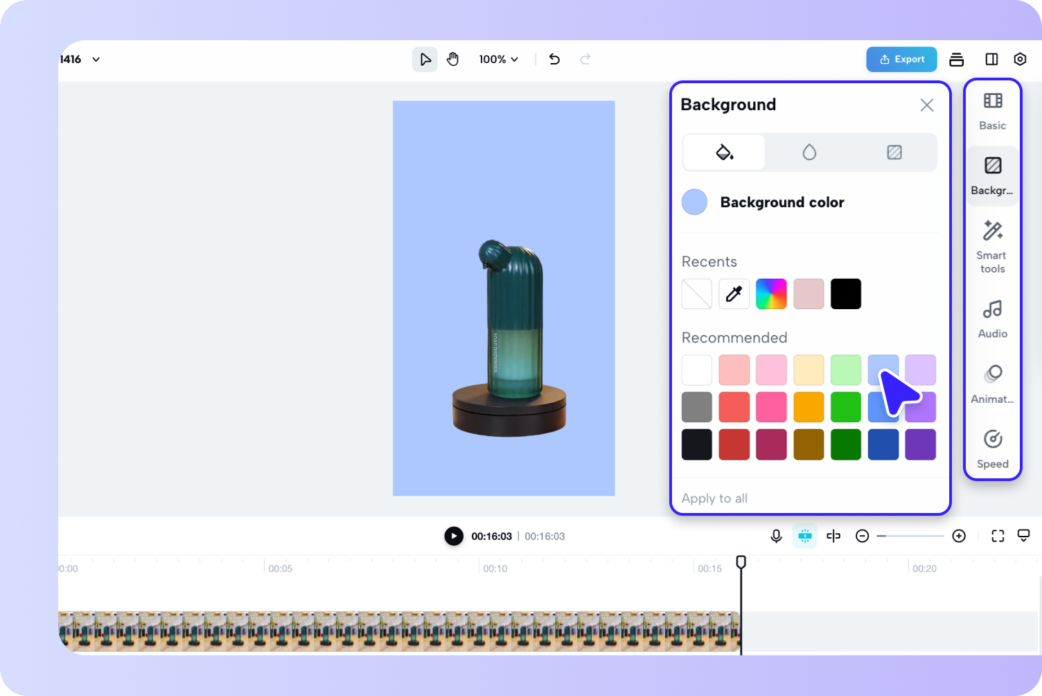 description=The Pippit Image Editor interface showing an enhanced product photo. The user is in the 'AI Background' tab, selecting a new, clean background for the product.