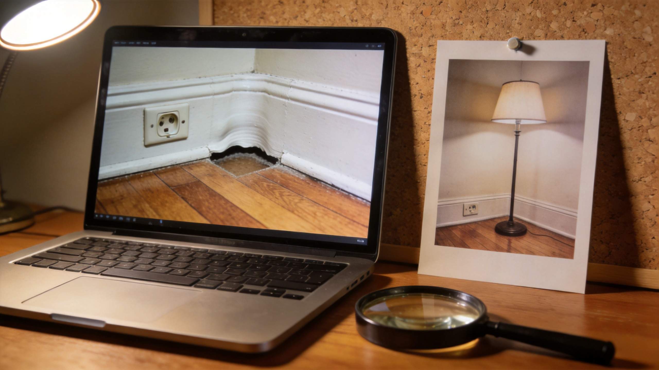 Laptop shows a damaged wall corner, while a printed photo beside it shows the same corner edited with a lamp