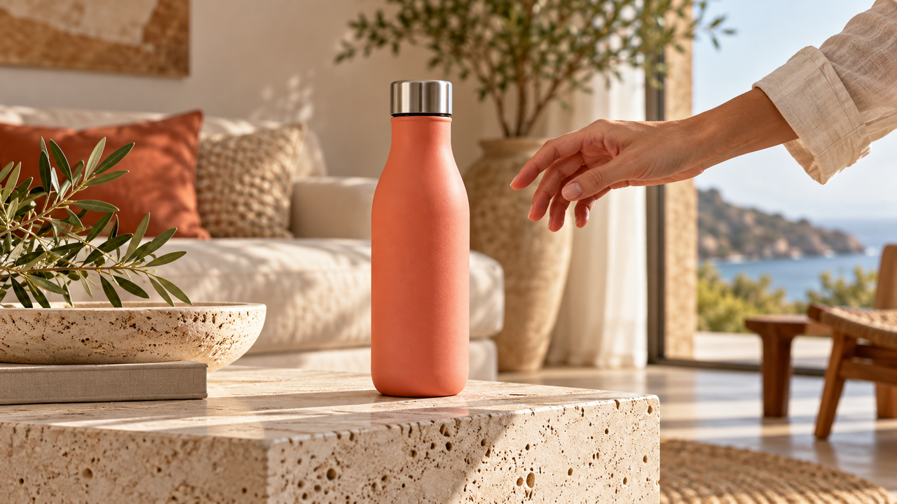 Illustrative Object Swap keyframe featuring an unbranded coral product bottle