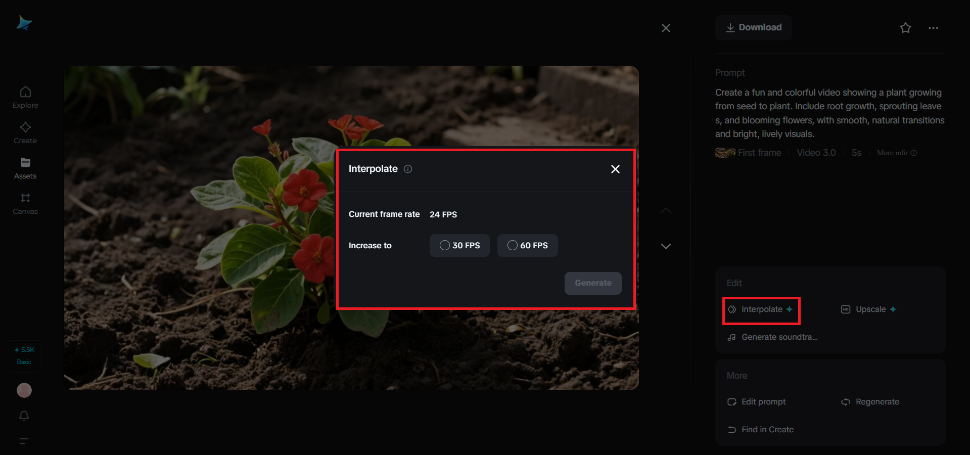 Interpolate feature in Dreamina