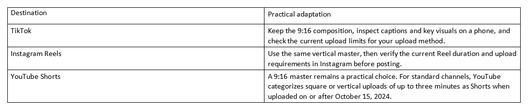 Table comparing TikTok, Instagram Reels, and YouTube Shorts adaptation guidance