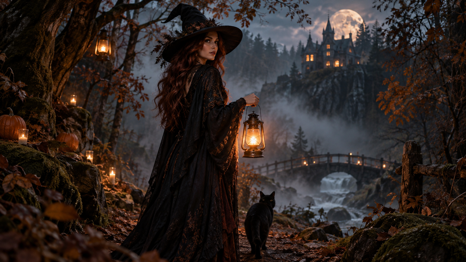 Haunted forest portrait: Fictional adult in subtle witch-inspired costume in foggy woodland, lantern, realistic cinematic Halloween photograph