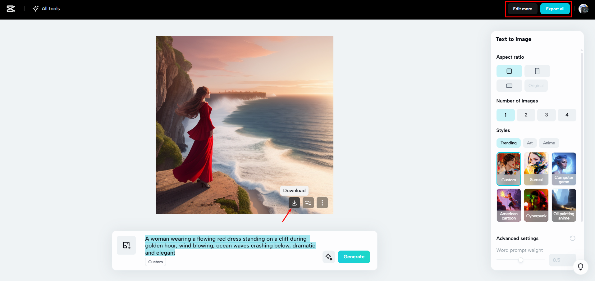 Downloading an image from CapCut Web
