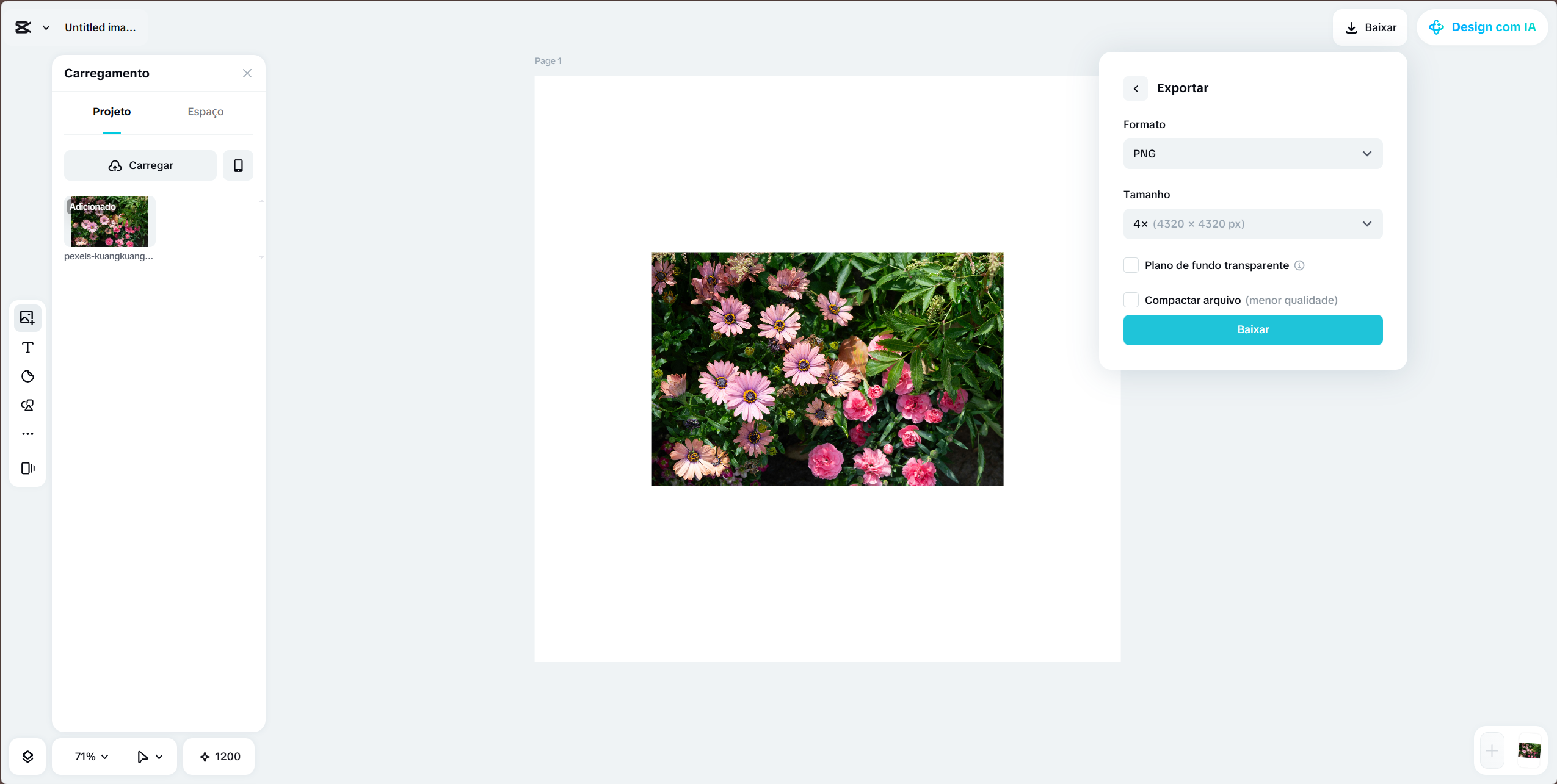 Botão de exportar imagem em HD