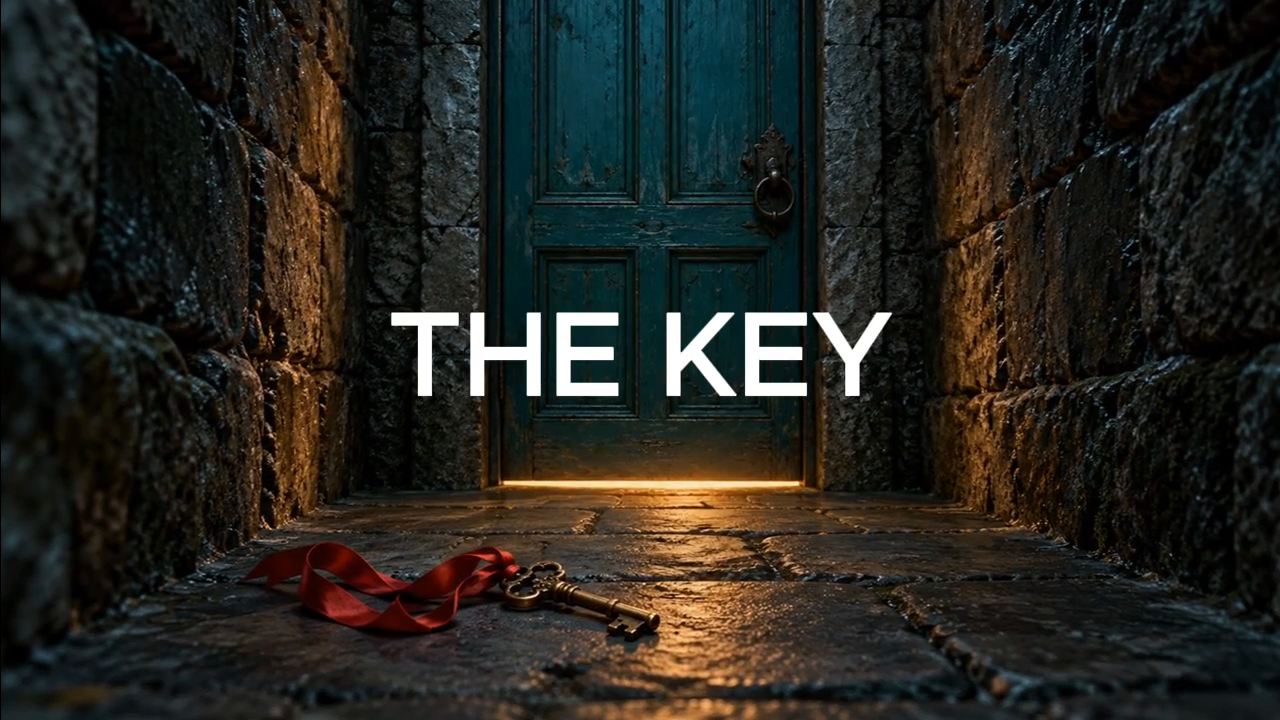 Frame at seven seconds from the CapCut-exported trailer showing THE KEY over the closed teal door