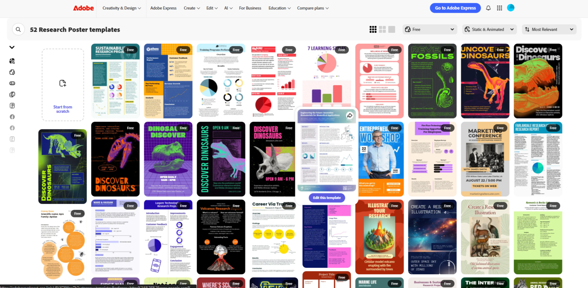 Interface of Adobe Express - a site to find versatile academic poster templates