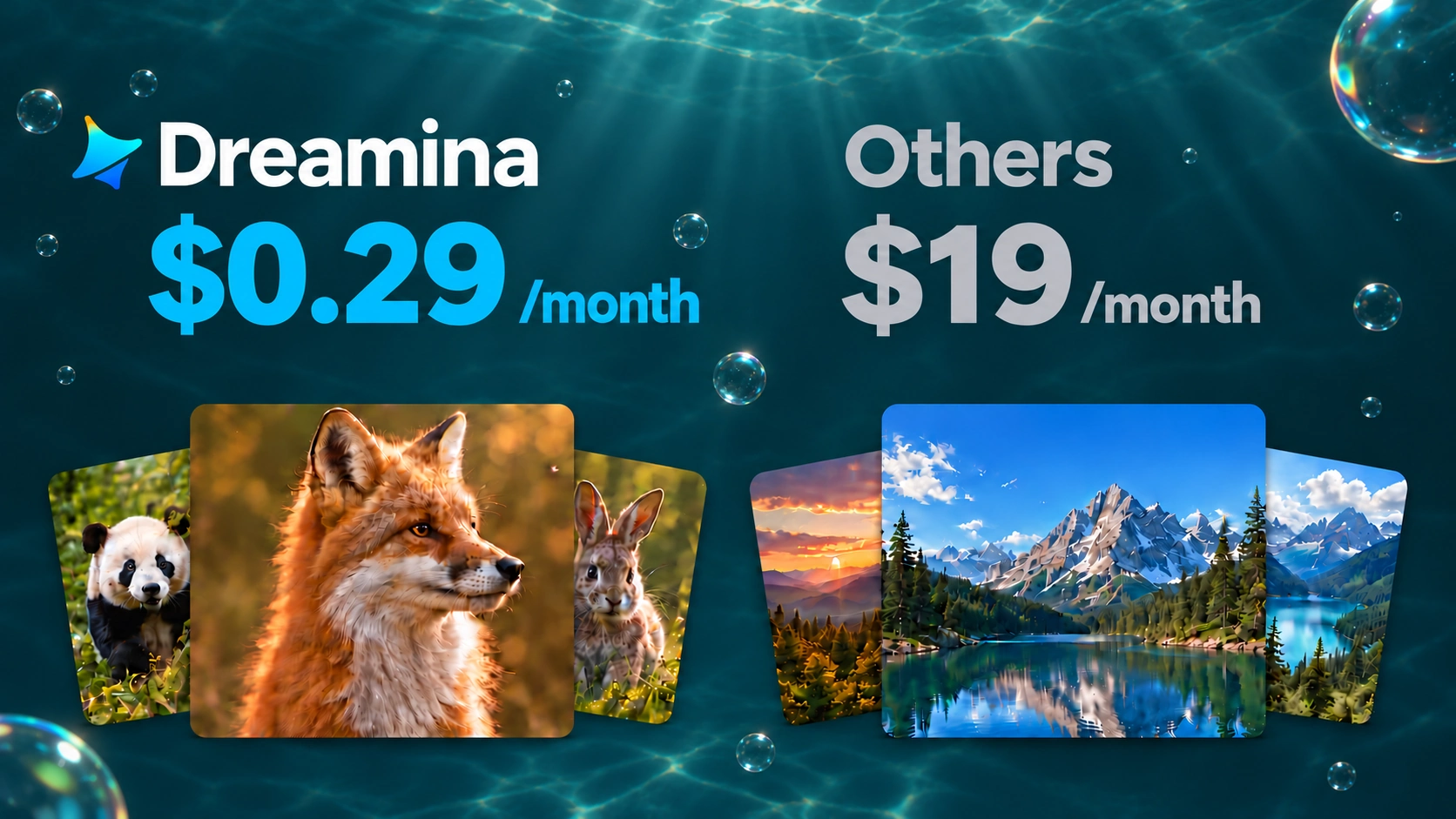 Monthly price comparison: Dreamina $0.29/month, Others $19/month