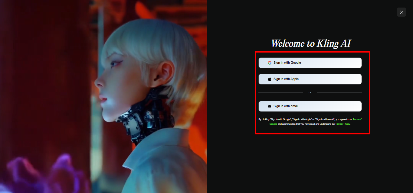 Signing up for Kling AI