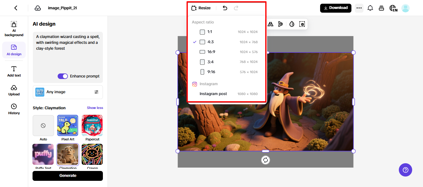 Opsyon sa pagbabago ng laki ng imahe sa Pippit